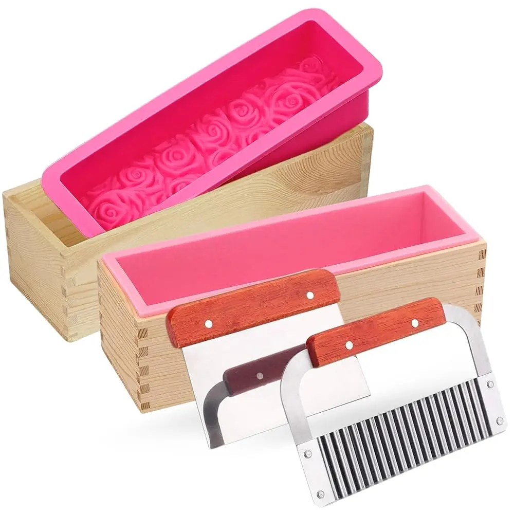 

6 Pack Soap Making Silicone Loaf Molds with Wood Boxes & Cutters - 42oz Classic & Rose Loaf Molds, 2pcs Wood Mold Holders, St