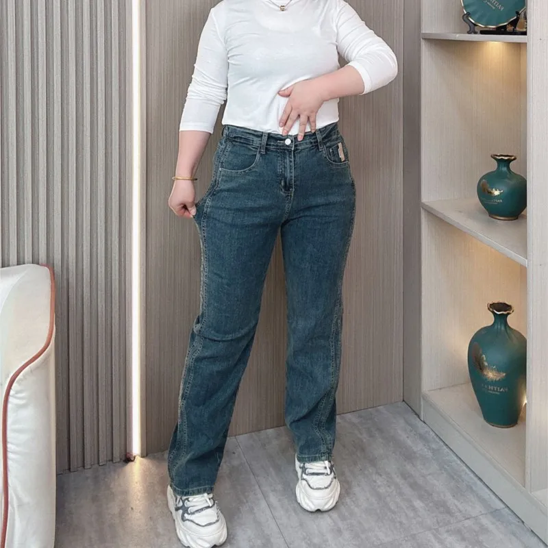 Blue Grey High Waist Jeans Women Spring And Autumn 2024 New Plus Size Stretch Casual Full Length Straight Leg Pants