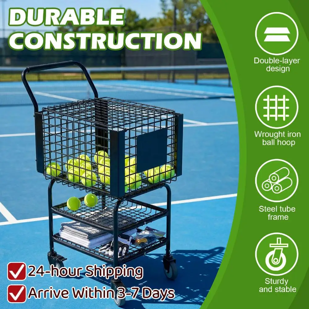 

Tennis Ball Basket Cart with Easy Load Pickup Hopper Holds 350 Balls 2 Layers with Wheels for Court Teaching Serve Training