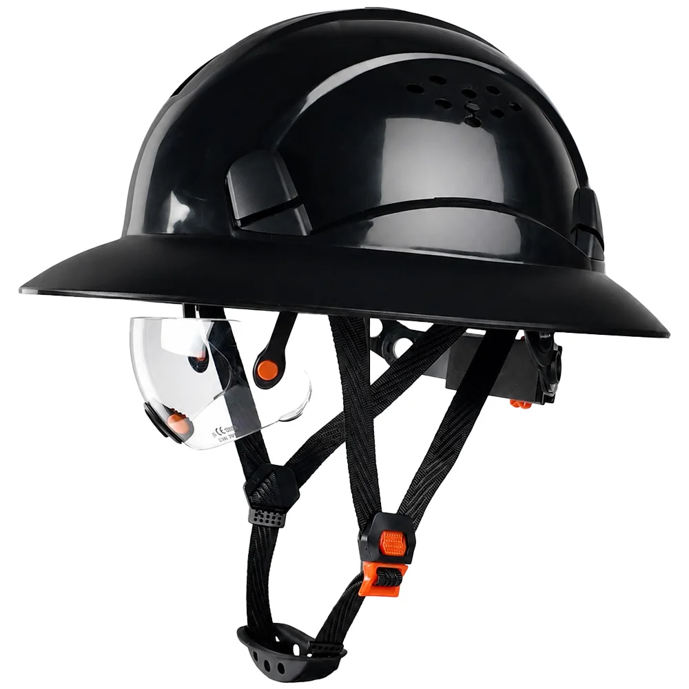 

ANSI Full Brim Safety Helmet CE Built in Goggles HDPE Hard Hat Lightweight Sunshade Vented Construction Engineering Work Cap