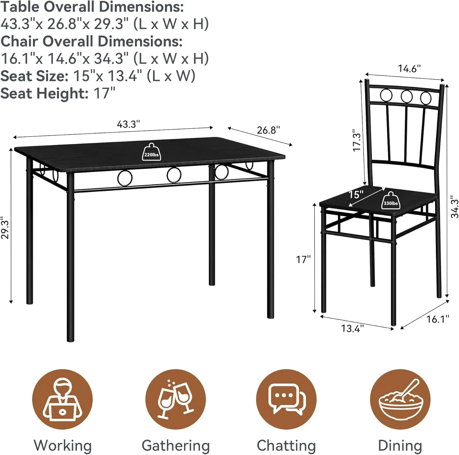 Dining Table Set for 4, 5-Piece Kitchen Table and Chairs, Rectangular Dining Room Table Set with 4 Chairs, Space-Saving Kitchen