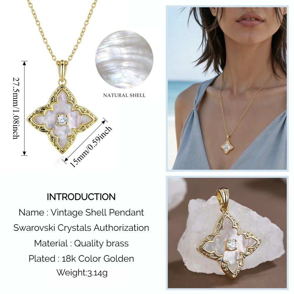 Vintage Quatrefoil Shell Pendant Necklace Embellished with Swarovski Crystals Gold Plated Women Jewelry Bridal Anniversary Gift
