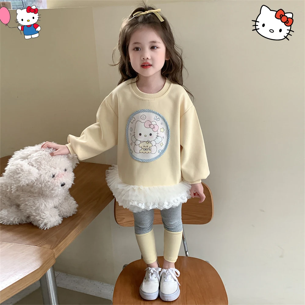 

Girls Hellokitty Kawaii Children Autumn Set Sweet Princess Style Cartoon Sanrio Anime Cute Mesh Splicing Hoodie and Leggings Set