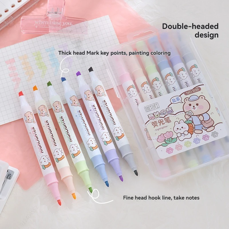 

6pcs Pastel Color Highlighter Pen Double Tip Marker Pens Fluorescent Pen Drawing Highlighters Cute Stationery School Supplies
