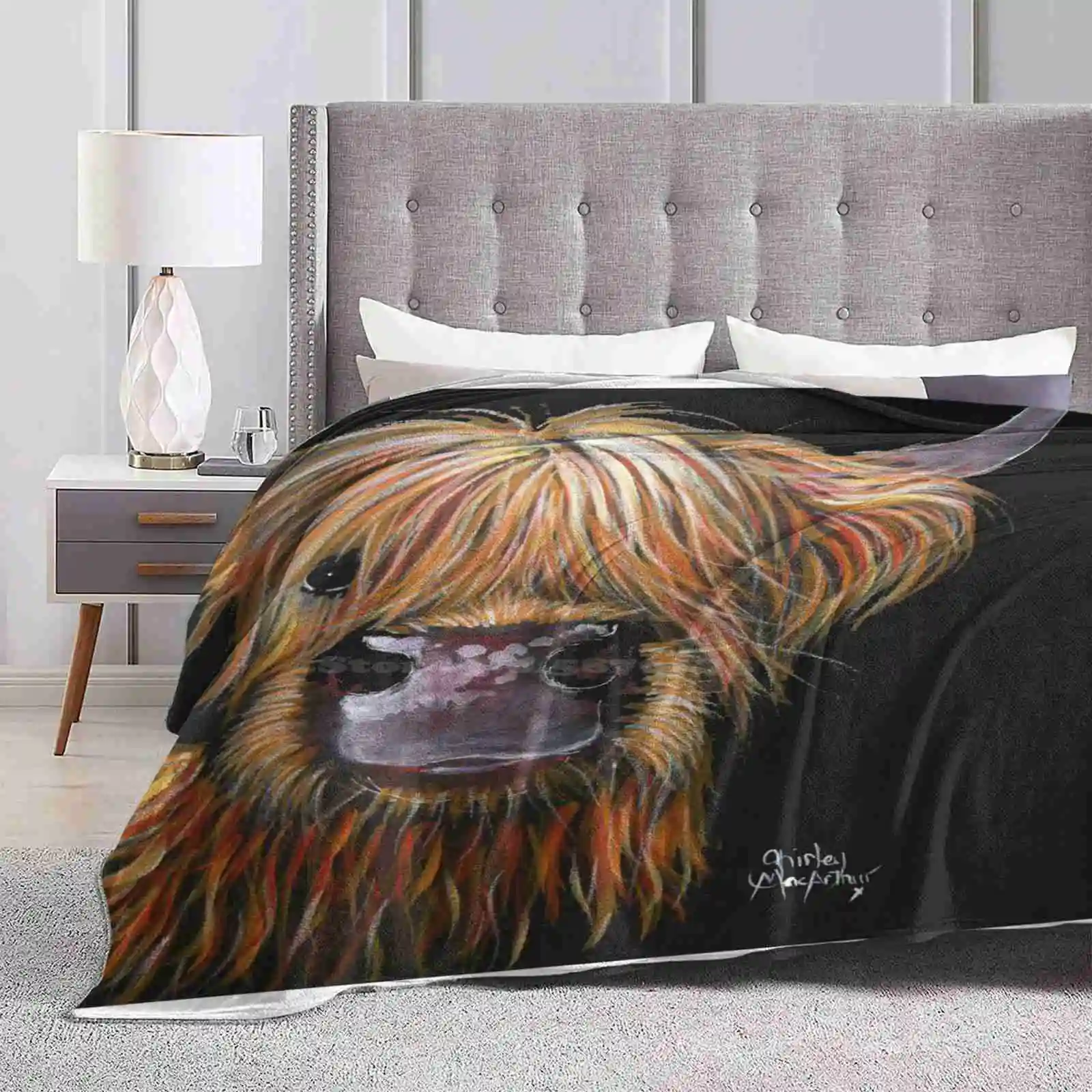 Scottish Hairy Highland Cow 'Henry' By Shirley Macarthur New Print Novelty Fashion Soft Warm Blanket Country Animal Snort Oink