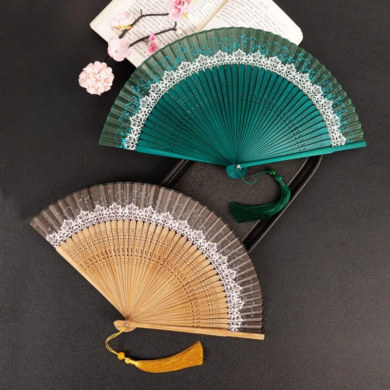 1pc Folding Fan Chinese Style Silk Fan With Tassel Retro Portable Hand Fan For Women Kids Hanfu Cheongsam Dance Performance
