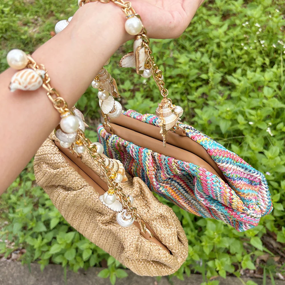 Colorful Striped Straw Bags for Women Handbags Conch Shell Chain Shoulder Bag Ruched Pearls Dumpling Bag Pouch Woven Beach Bags