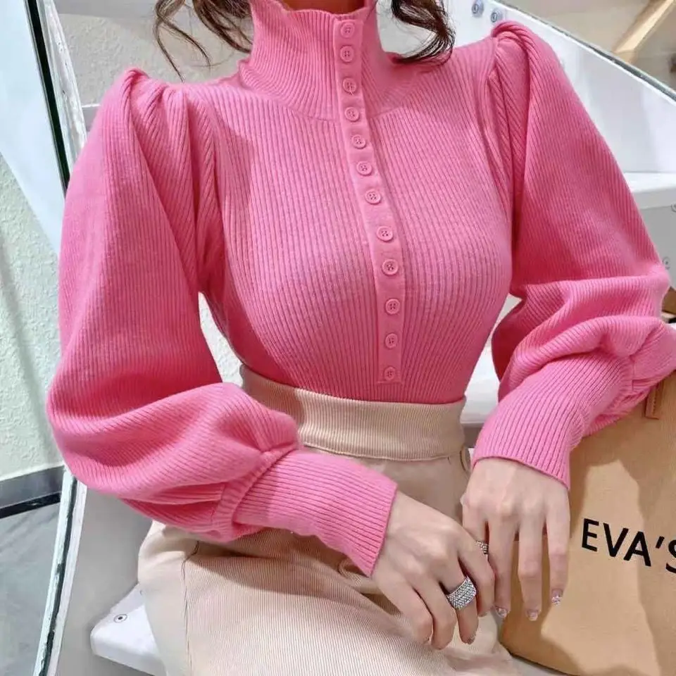 Puff Long Sleeve Turtleneck Women Spring Autumn Winter New Korean Fashion Casual Warm Nice Sweater Woman OL Tops Female Clothes