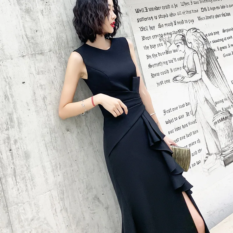 Robe de cocktail noire en forme de queue de poisson pour femmes, tenue de bureau, col rond, en fibre fine, pour événements d'anniversaire, robes de soirée, tenue décontractée, A126