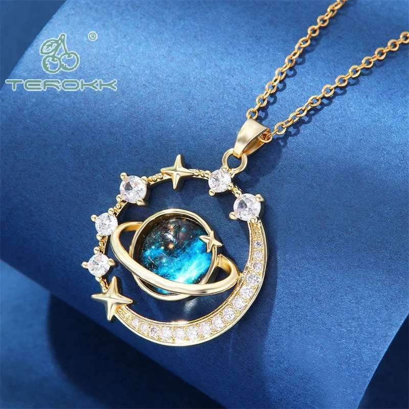 Exquisite Blue Starry Sky Planet Star Pendant Necklace Light Luxury Stars And Moon Clavicle Chain Necklace Jewelry Gift ﻿