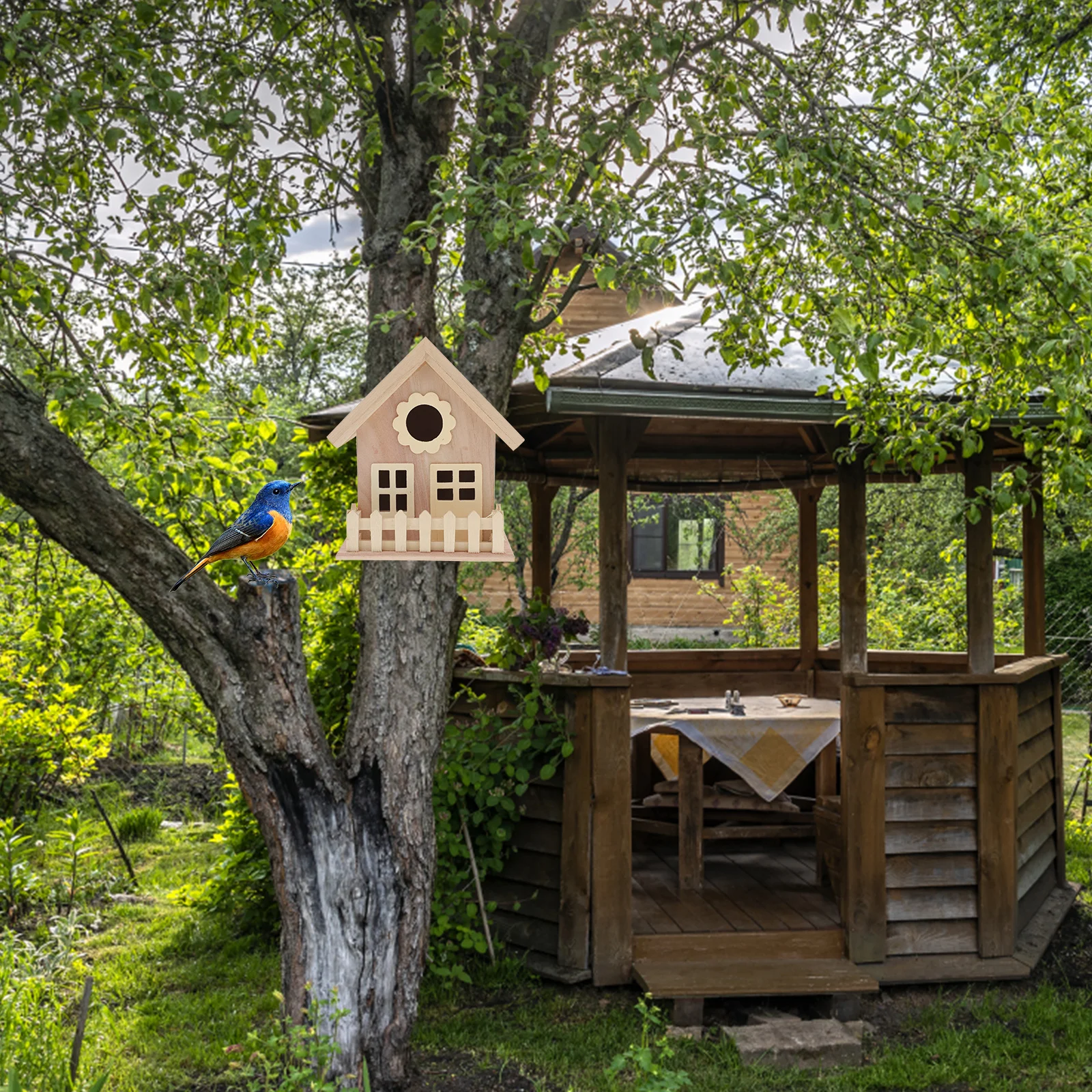 

Wooden Bird House Unfinished DIY Craft Paintable Birds Nest Ornaments Wide Entrance Double Windows Small Birds Pet Accessories