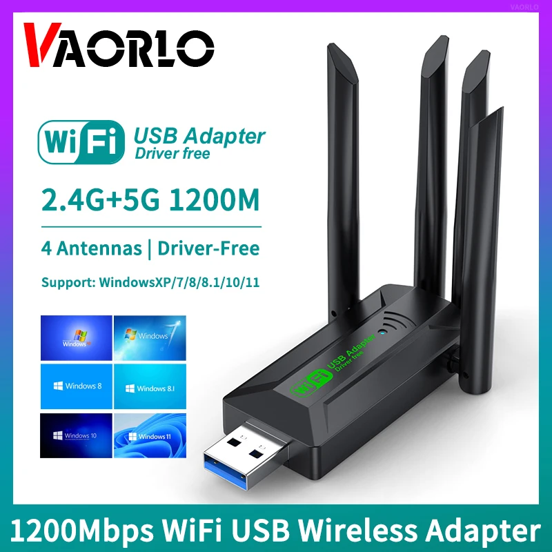 Adaptateur USB WiFi 1200Mbps pour les touristes, bande 2.4G + 5 mesurz, dongle Wi-Fi, 4 divulguer de stérilisation, 11AC, USB 3.0, récepteur de