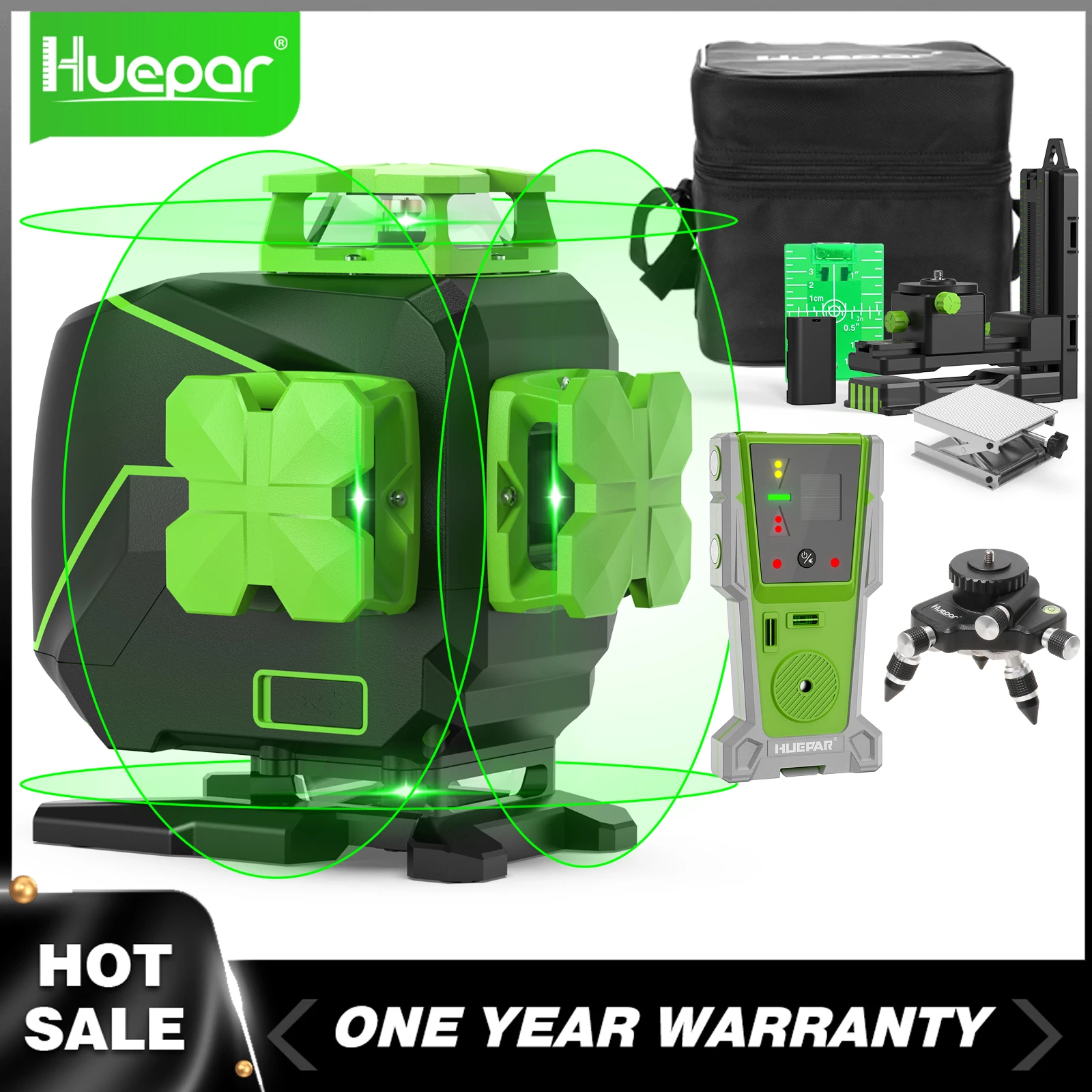 

Huepar 4D 16 Lines Laser Level Self-Leveling 360° Green Beam Cross Line Laser With Magnetic Bracket Li-ion Battery Lifting Base