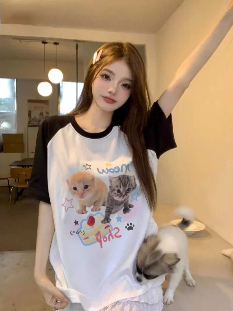 Adagirl Kawaii Cat Print Camisetas para mulheres, gatinho de manga curta Cutecore Tops, roupas estéticas adolescentes, estilo japonês, menina doce,
