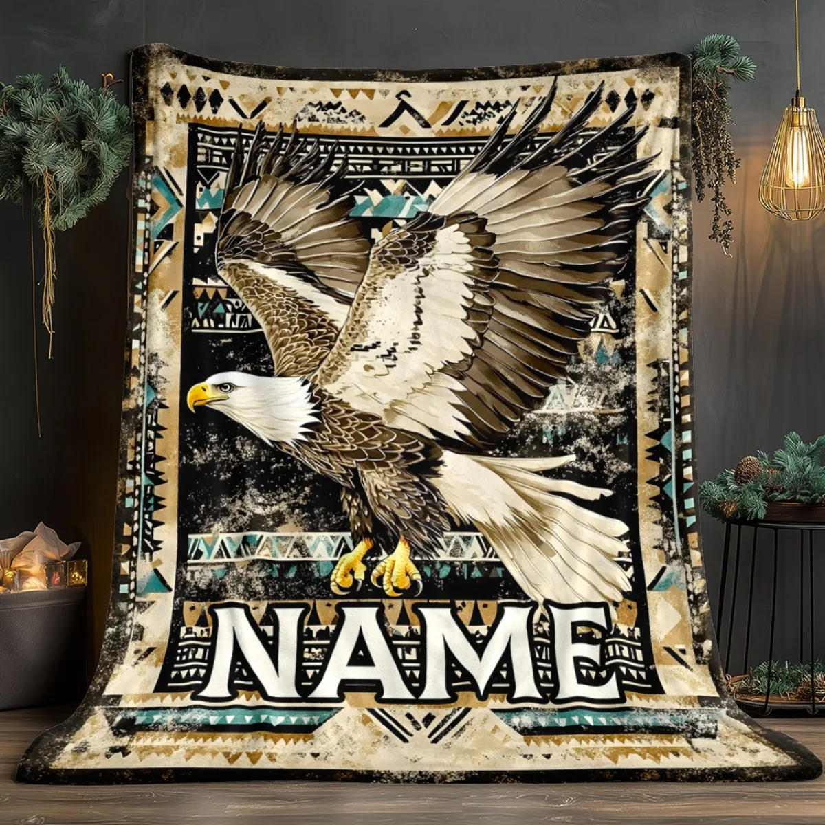 1pc Personalized Custom Name Tribal Eagle Native American Design Blanket Soft Flannel Bedding for Couch, Camping, Travel