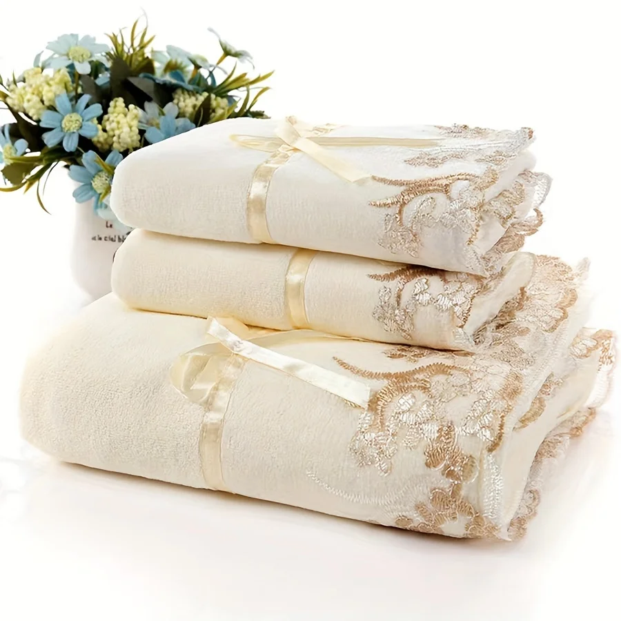 Soft Microfiber Luxury Lace Towel, Skin-Friendly Hand & Bath Towels with Exquisite Locking Edge for Home Bathroom Essentials