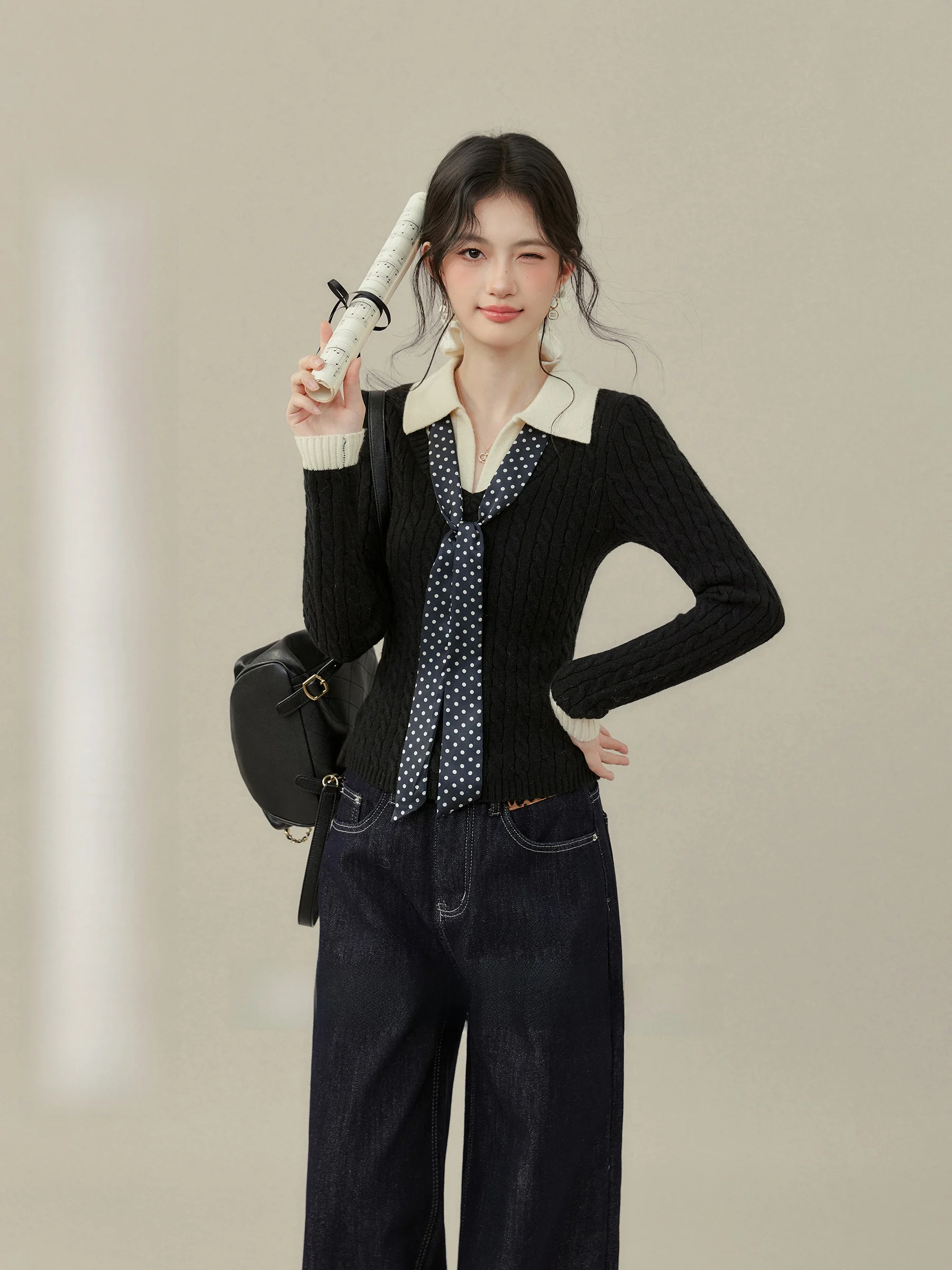 

Зимний вязаный топ больших размеров с длинными рукавами, имитирующий двухслойность, в университетском стиле, для женщин больших размеров от Wang Xuewei