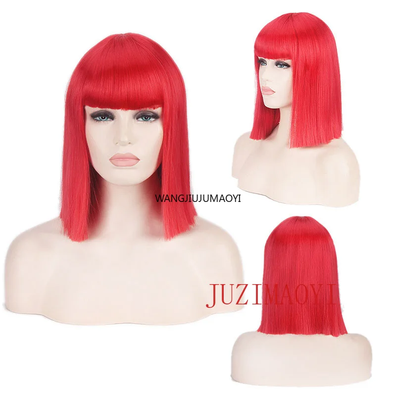 여성용 합성 스트레이트 숏 보브 가발 앞머리 포함 블루 골든 레드 블랙 화이트 퍼플 그린 브라운 코스프레 가발 보보