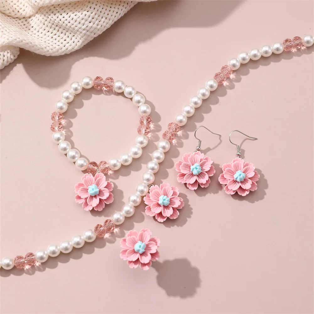 New European and American Light Luxury Niche Design Sweet Imitation Pearl Flower Pendant Children\'s Necklace Four-piece Set