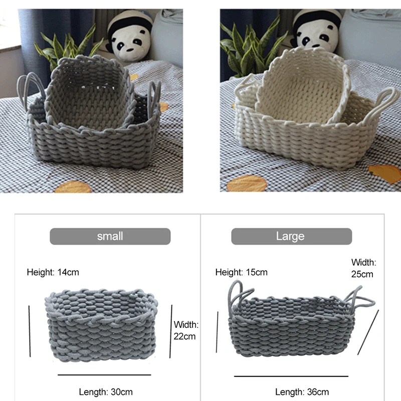 Hand-woven Thick Cotton Rope Storage Box Sundries Cosmetic Organizer Desktop Toy Snacks Storage Basket Container White/Grey