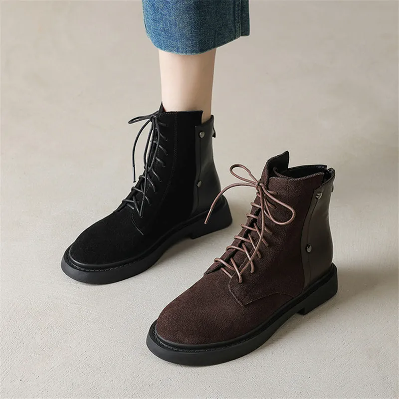 

New Autumn Winter Cow Suede Women Boots Round Toe Short Boots for Women Fashion Retro Low Heels Ladies Shoes Lace Work Boots