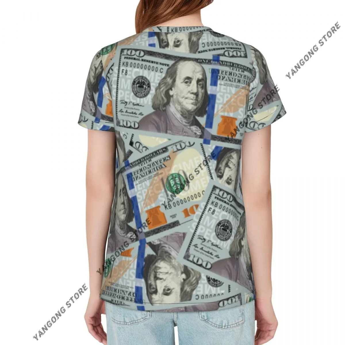 Womens Short Sleeve 100 Dollar Bills Casual Tee Clothing Crewneck Woman T-Shirts