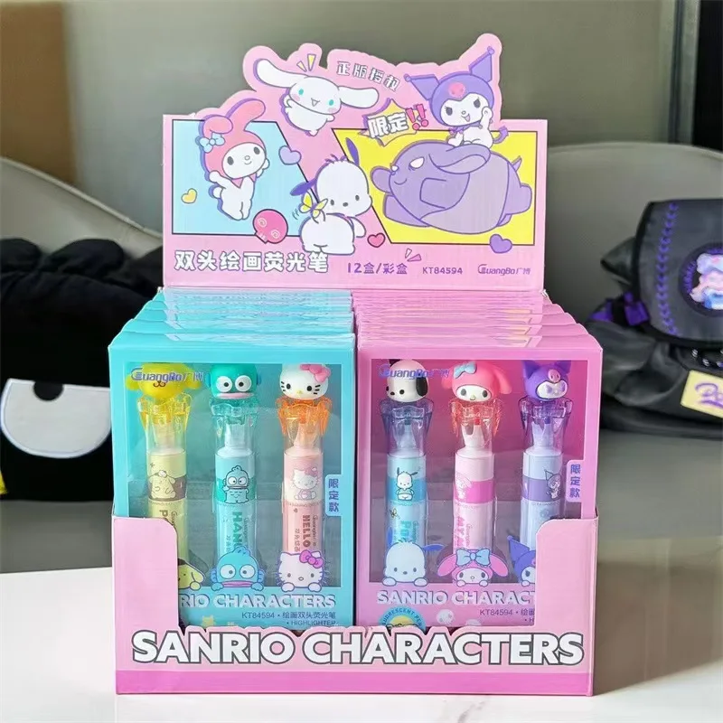 6pcs New Style Sanrio Hellokitty Draw Double-End Highlighter Cute Cartoon Marker Pen Wholesale Of Student Supplies And Gifts