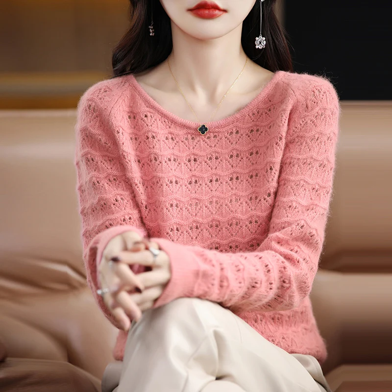 Women 100% Mink Cashmere Sweater Scoop Neck Hollow Out Pullover Autumn Winter Fashion Casual Knit Cashmere Sweater Bottoming Top