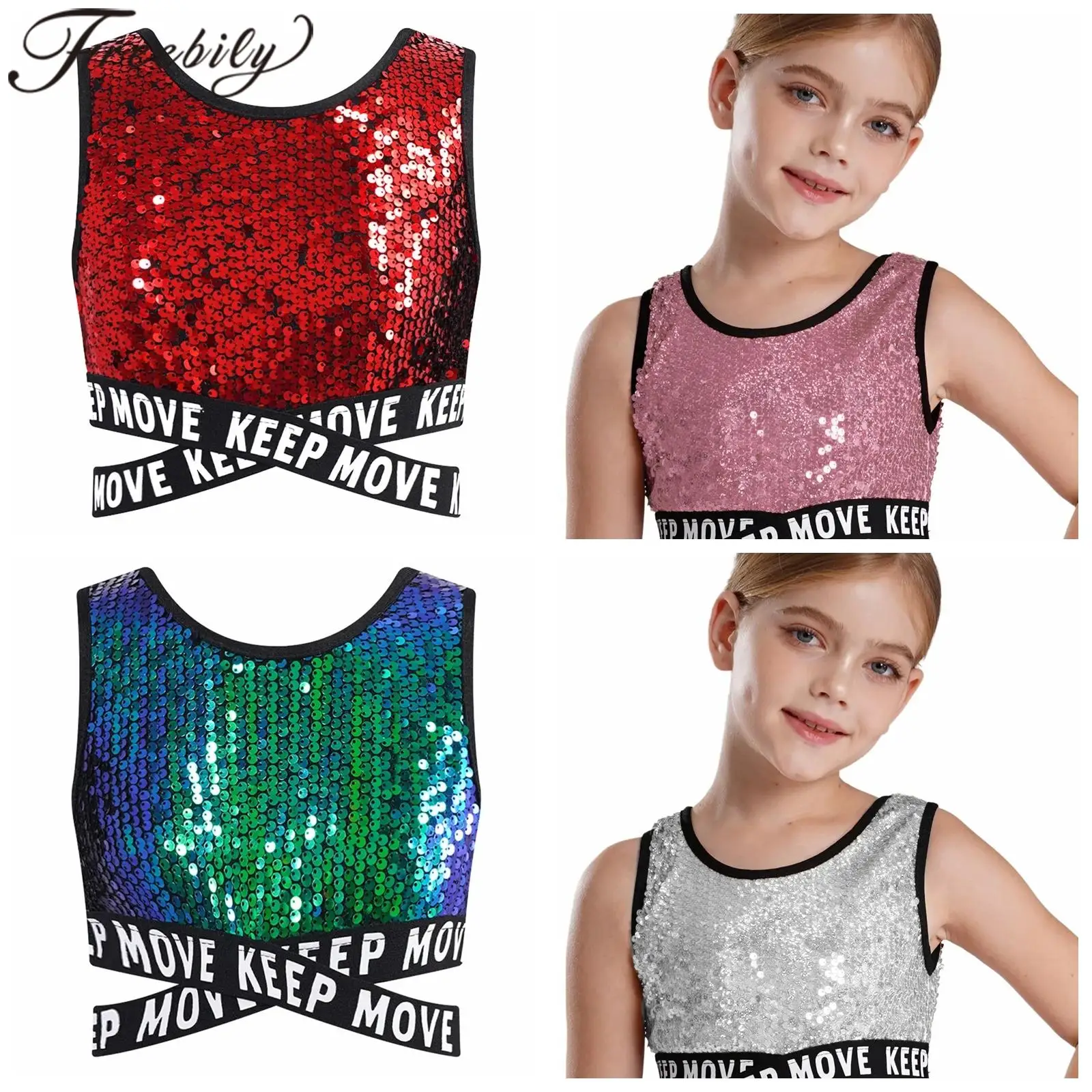 

Kids Girls Sequin Tank Tops Jazz Dance Costume Teen Fashion Cheerleading Crop Top Disco Rave Streetwear Children Hip-hop Clothes