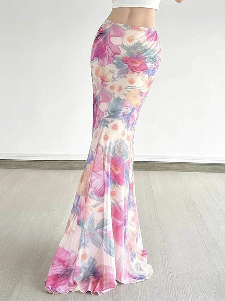 Boho Mesh Floral Long Skirt Women Elegant Summer Slim High Waist Chic Skirts Casual Fashion Sweet Beach Holiday Lady Long Skirts