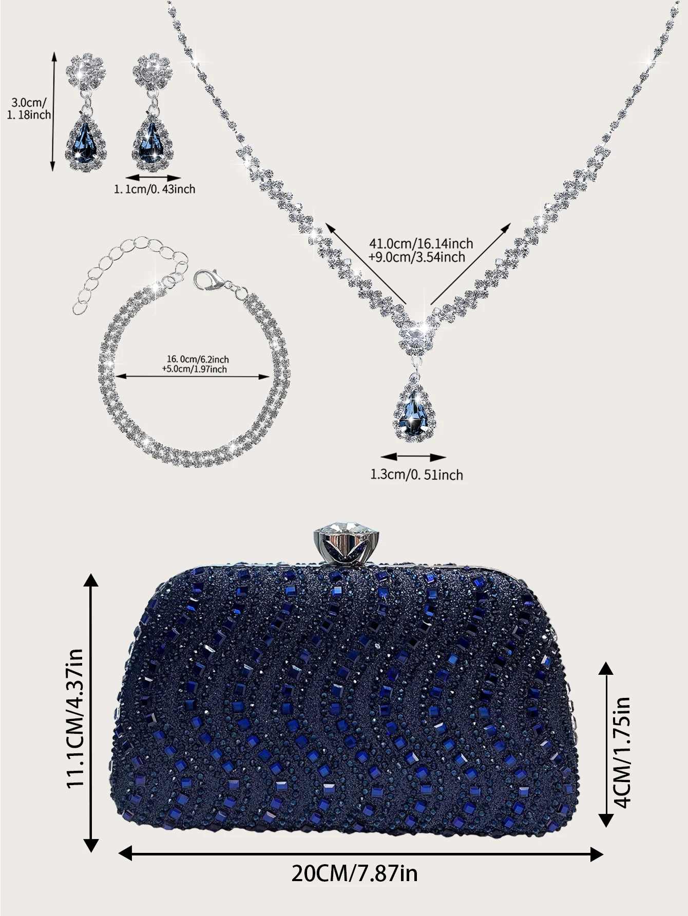 حقيبة صندوق مزخرفة من حجر الراين اللامع وحقيبة كلاتش، حقيبة سهرة نسائية رائعة وساحرة بألوان نقية، حقيبة سهرة نسائية أنيقة ومكررة، مع قلادة رائعة وأقراط وفساتين الزفاف، ومثالية للحفلات والفساتين والفساتين الضيقة #5