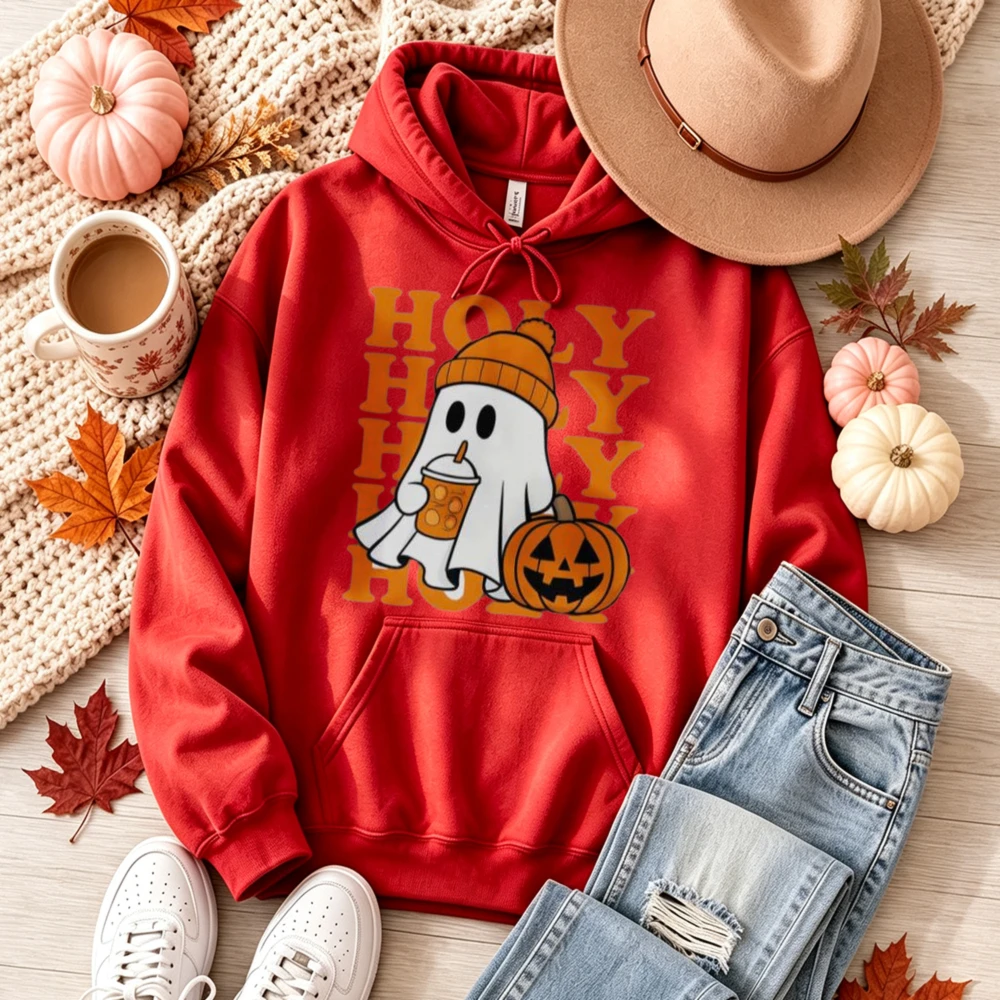 Holy Cute Ghost Pumpkin Spice Latte Graphic Hoodie Unisex Hooded Sweatshirt Halloween Fall Season Long Sleeve Casual Pullover view 4