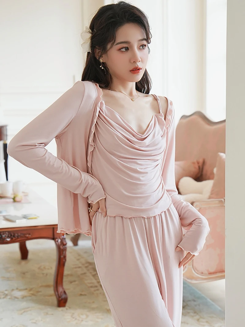 French Sexy Camisola pajamas Three Piece Set Spring Autumn Long Sleeve Cardigan Pants Loungewear Women Princess Sleepwear