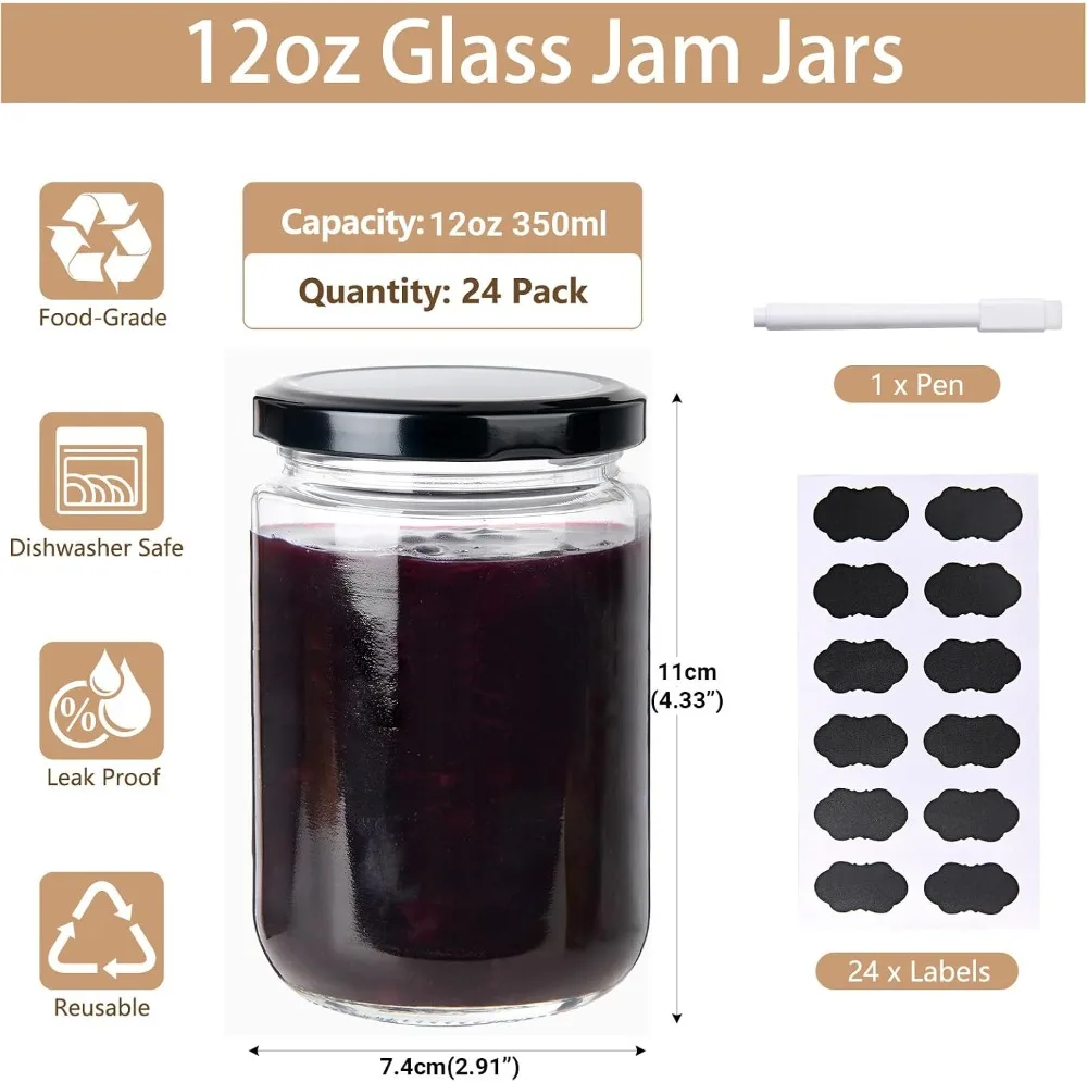 24-Pack 12oz Glass Jars with Lids, Reusable & Dishwasher Safe, Perfect for Candles, Jam, Honey, Spices
