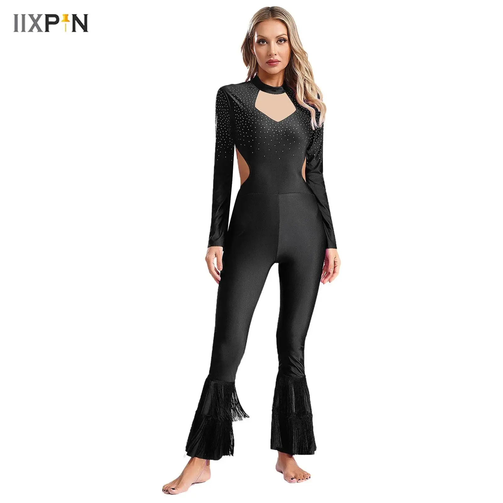 

Womens Tassels Bell-Bottom Jumpsuit Long Sleeve Backless Shiny Rhinestones Bodysuit for Jazz Latin Dance Performance Competition