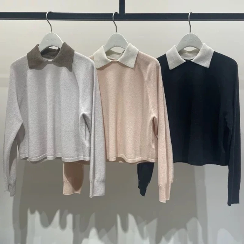 

Ele Soft Pure Color Knitted Sweater round Ne Turn-down Collar Long Sve Regular Fit Spring Faion Ladies' Knitwear