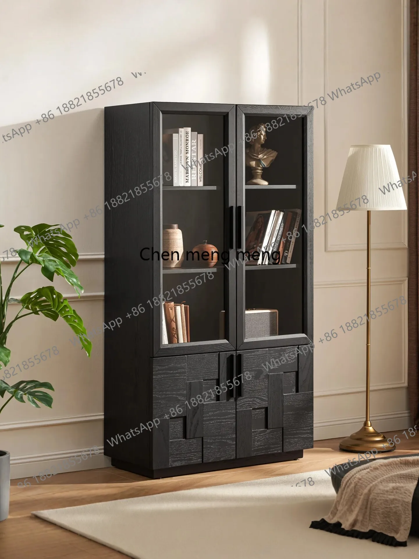 Italian minimalist black oak glass bookcase Solid wood display case Geometric splicing storage, display case