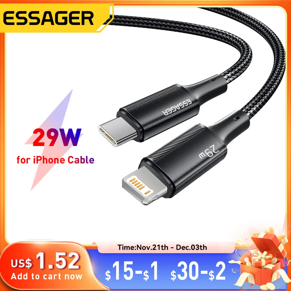 Essager USB C Cable For iPhone 14 13 12 11 Pro Max Xs 8 Plus iPad Macbook Wire 29W PD Fast Charging Type C To Lighting Data Cord