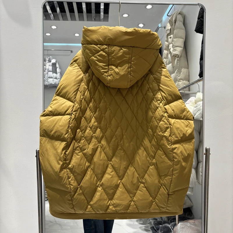 Schinteon Chaqueta de plumón de pato blanco para mujer con capucha Casual suelta talla grande Argyle cálido Otoño Invierno prendas de vestir 2025 abrigo nuevo