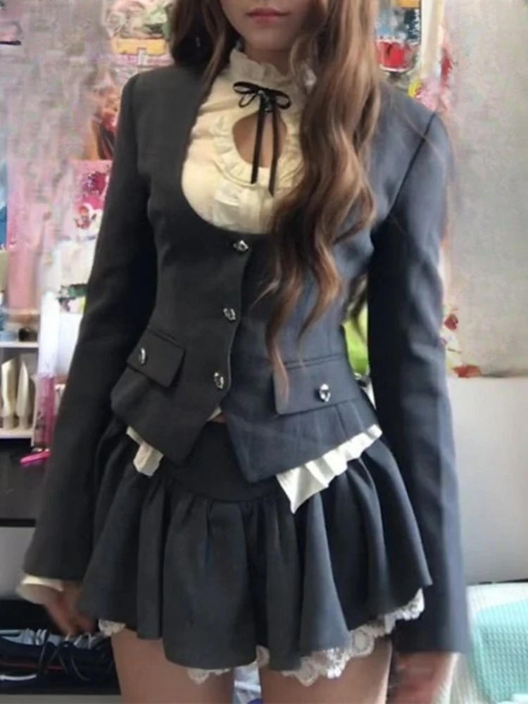 American 2000s Gothic Retro 3 Piece Sets Women Chic Coat + White Shirt + Fluffy Skirts New High Street Harajuku Vintage Outfits - Image 5