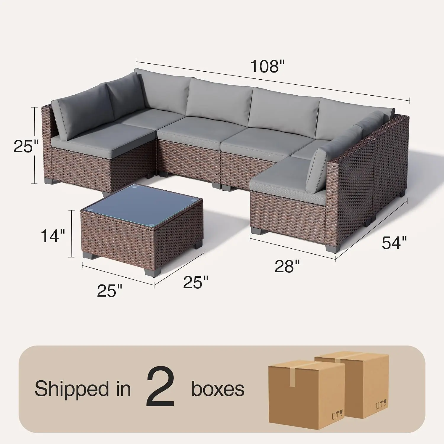 7 Pieces Outdoor Patio Furniture Set, PE Rattan Outdoor Wicker Sectional Furniture Sofa Set, with Cushions and Glass Coffee