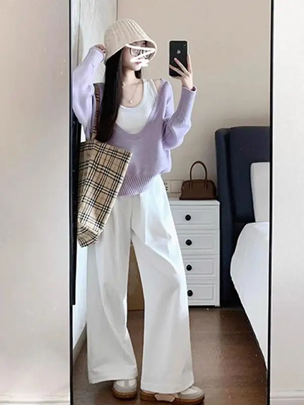 

Мягкий фиолетовый вязаный свитер в корейском стиле с V-образным вырезом и длинными рукавами для женщин, осенне-зимняя верхняя одежда, модный дизайн для многослойных образов