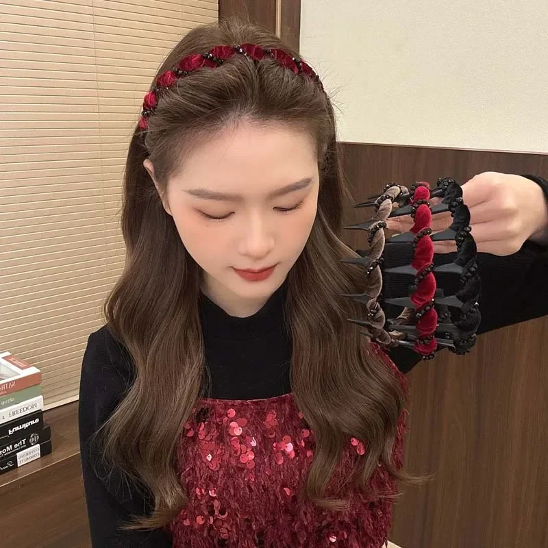 Vintage Black Velvet Crystal Wave Top Hairband For Women Girls Fashion Sweet Anti-Slip Toothed Hairband Hair Accessories