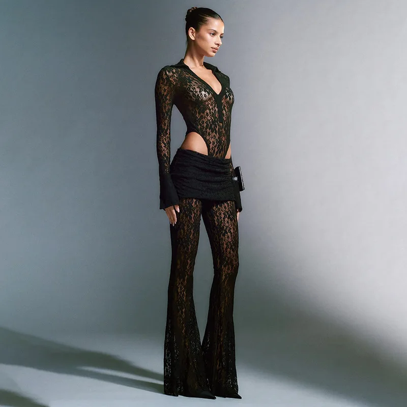 Voir à travers la dentelle col en V manches longues body combinaison Sexy femmes pantalon dentelle taille haute pantalon femme élégant mince pantalon évasé