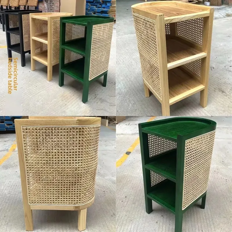 Natural Solid Wood Rattan  Mortise Edge Cabinet 2 Tier Open Storage Bedside Table Japanese Woven Mesh Bedroom Furniture