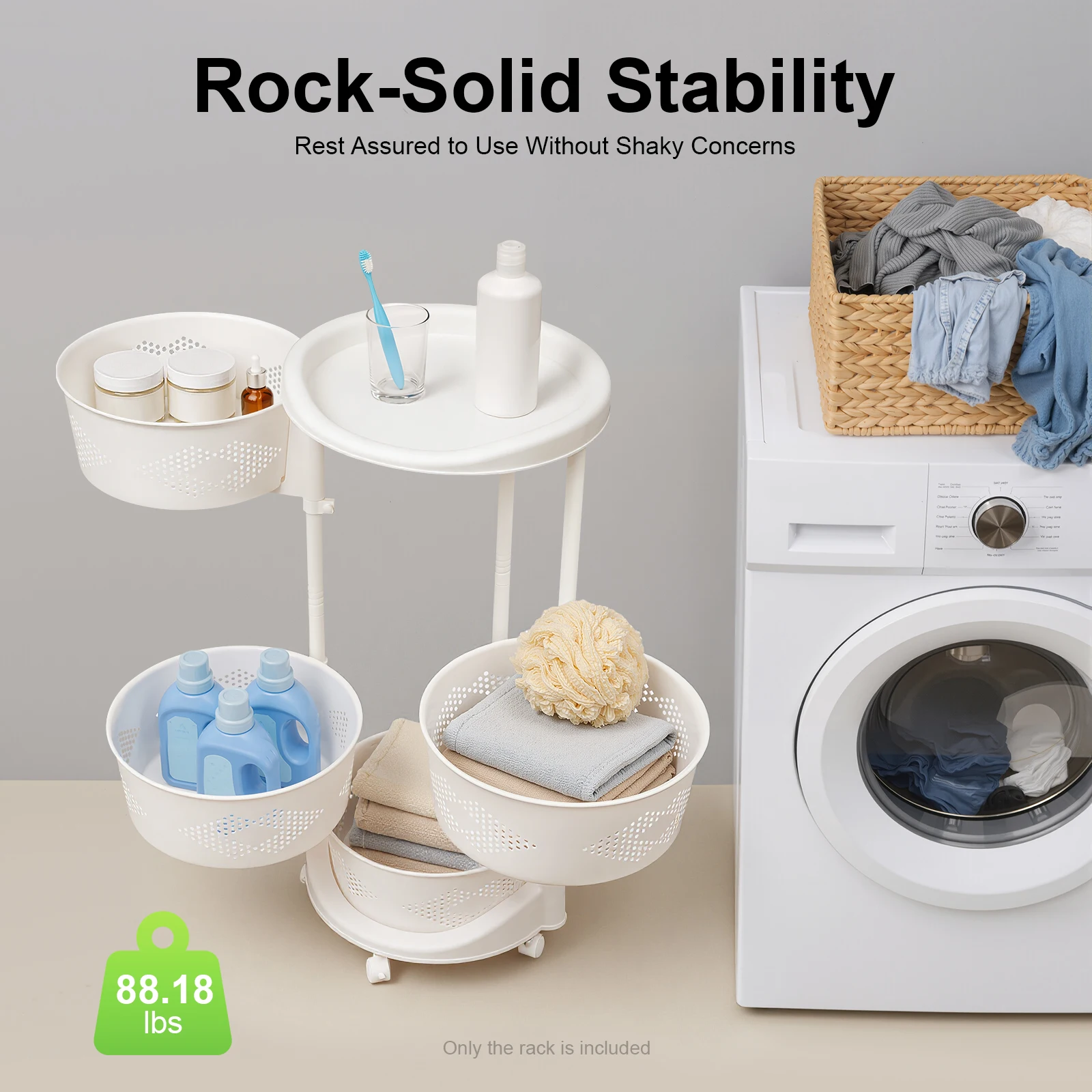 4 Tier Rotating Rolling Storage Cart, Freestanding Round Organizer Rack With 270° Rotatable Baskets & Brake Wheels, PP Iron Painting Frame For Kitchen Bathroom Pantry Fruit Vegetable Organizer