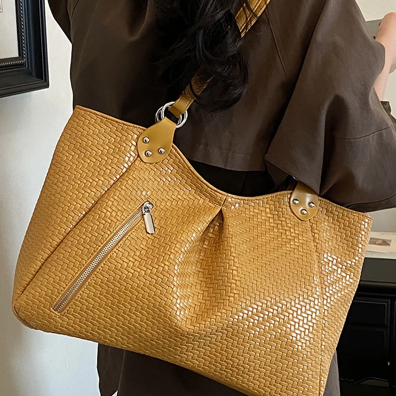 Koreanische Schultertasche mit seitlichem Reißverschluss, Vintage Casual Handtasche für Damen, minimalistische, schicke, einfarbige Rattan-Webtasche, Einkaufstasche – Detail 18