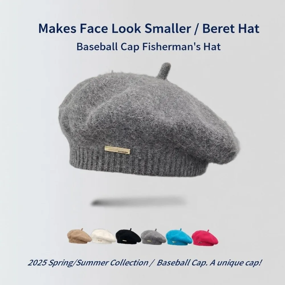 Retro Warm Woolen Crochet Knitted Hat Solid Color Metal Label Beret Hat Anti-cold Knit Cap Winter