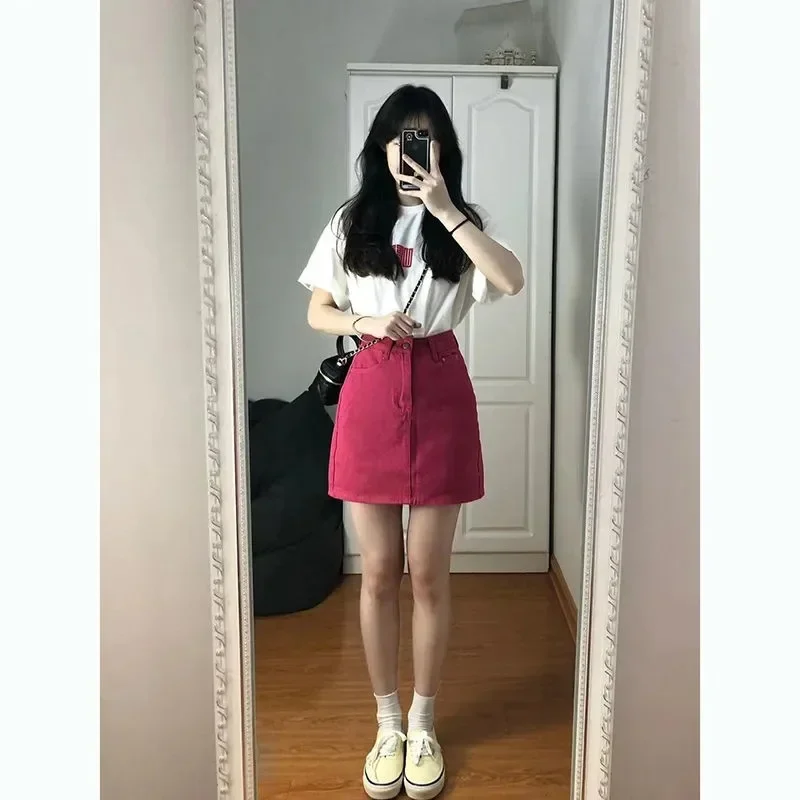 Rose Red Denim Skirt Women's Summer Korean Version A-word Hip-wrapped Short Skirt