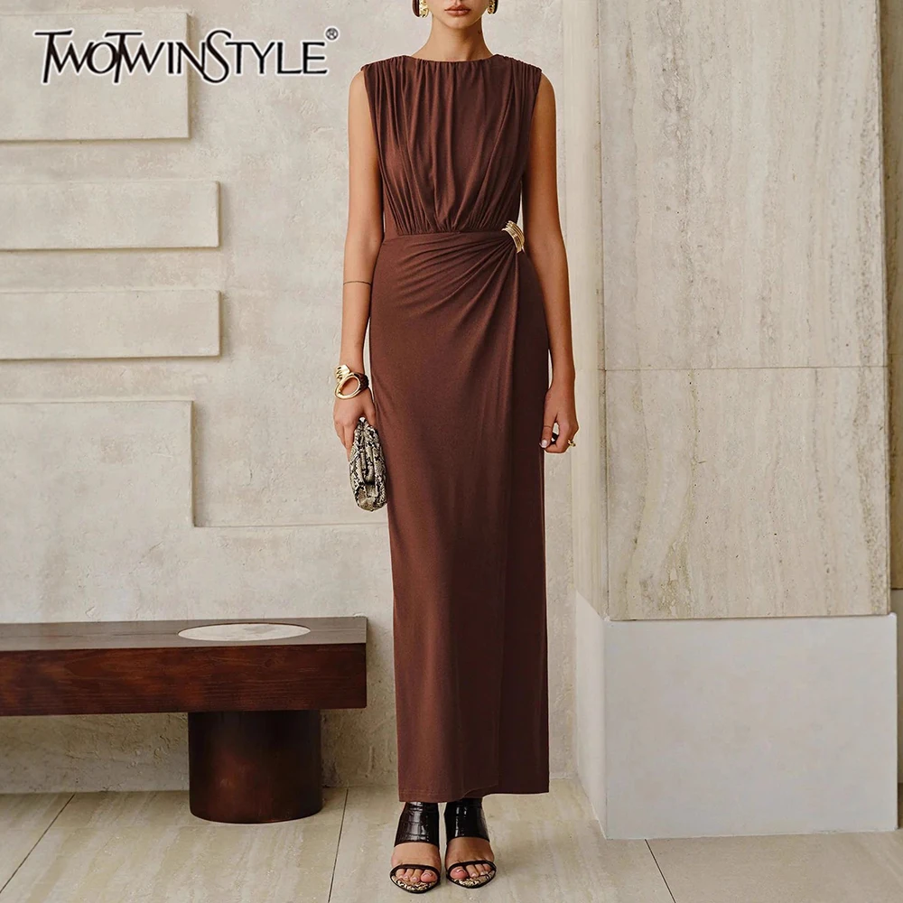 TWOTWINSTYLE Einfarbiges Schlankmachendes Kleid mit Falten für Damen Rundhals Ärmellos Patchwork-Knopfkleid Damenmode-Stil